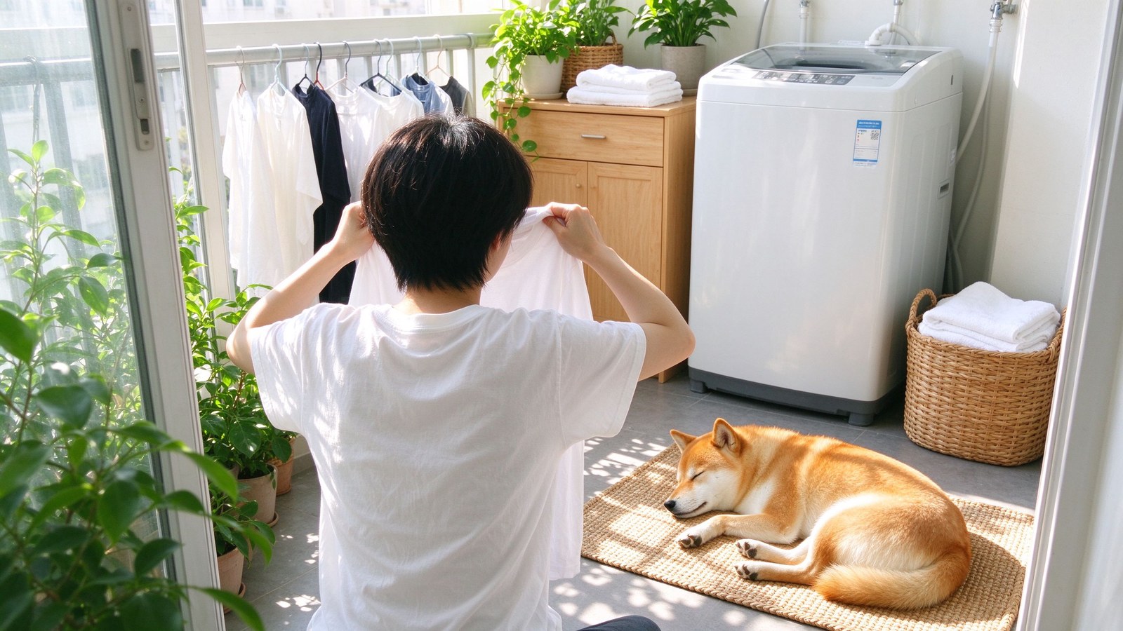 住戶拿起衣物檢查異味