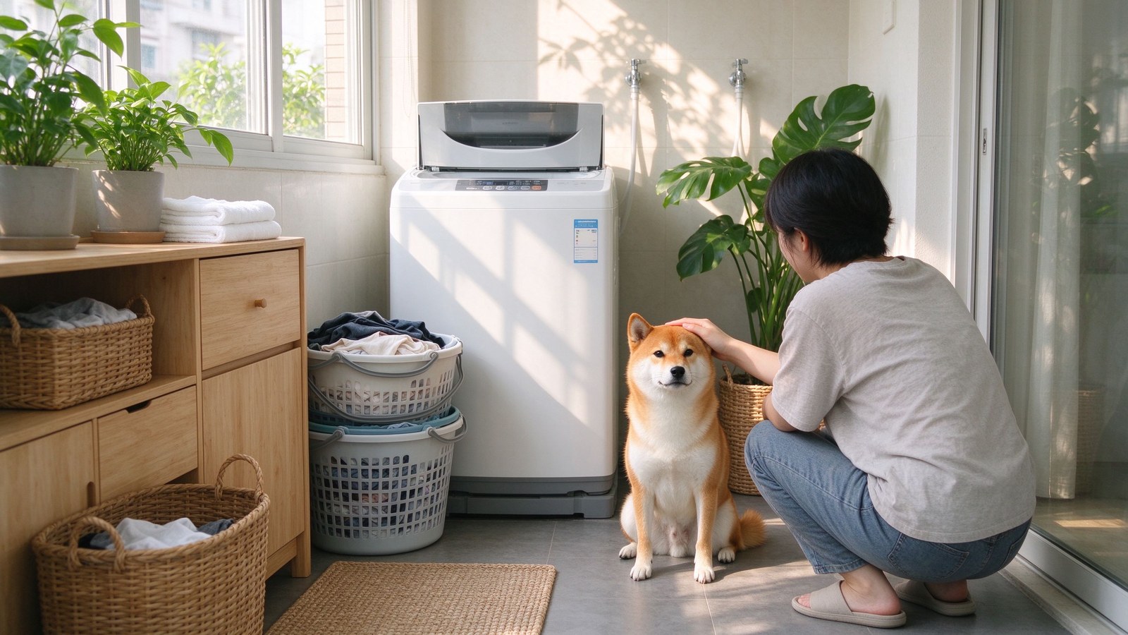 寵物、衣物籃與直立式洗衣機