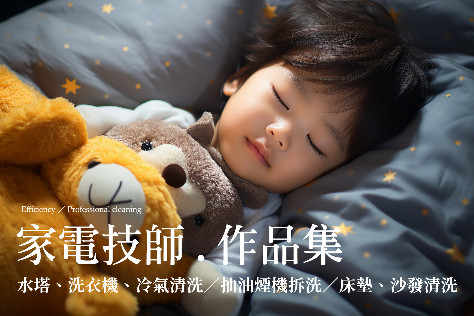 孩子抱著玩偶安睡的居家情境