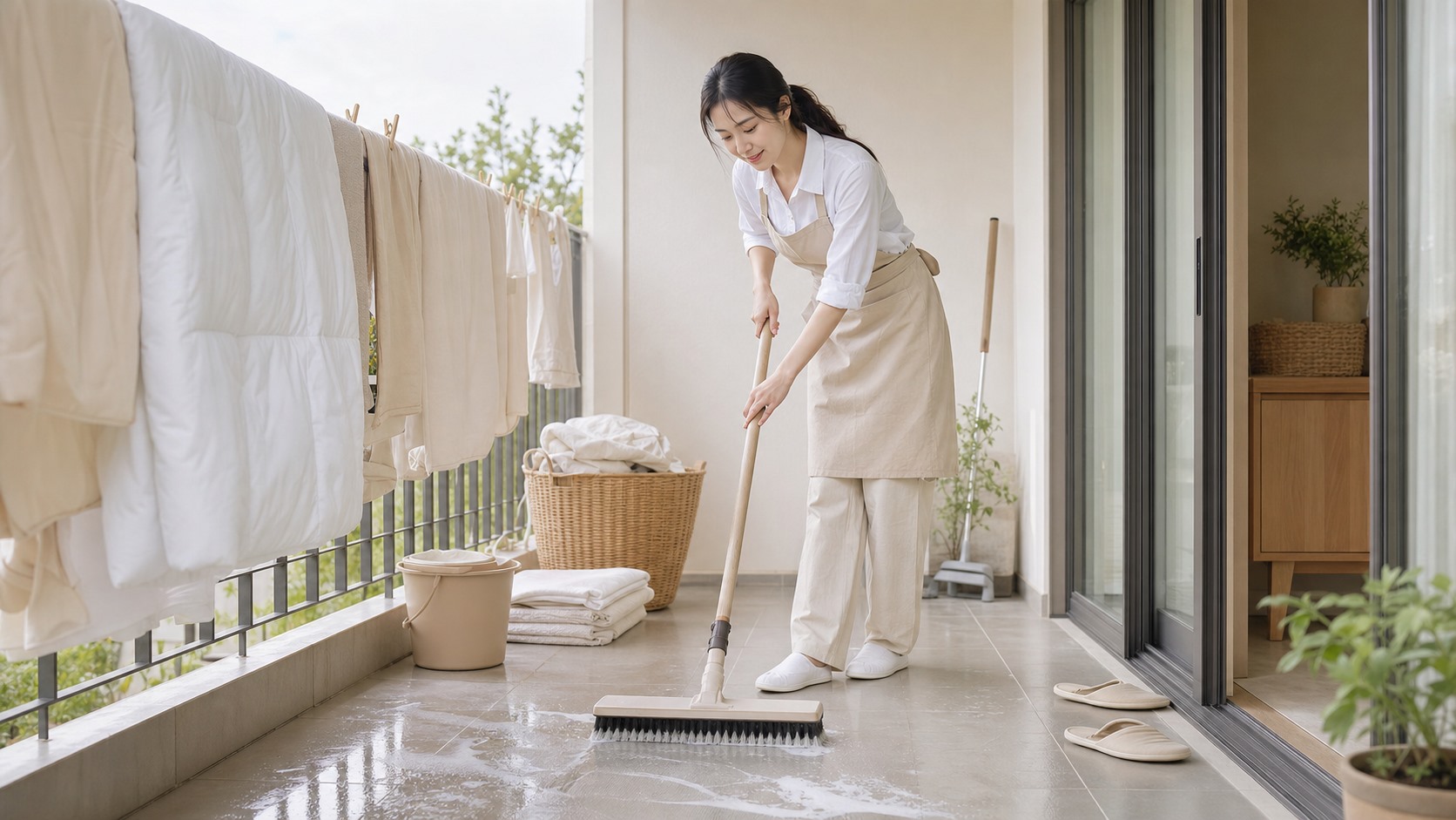 居家定期清潔人員使用抹布與拖把進行日常維護