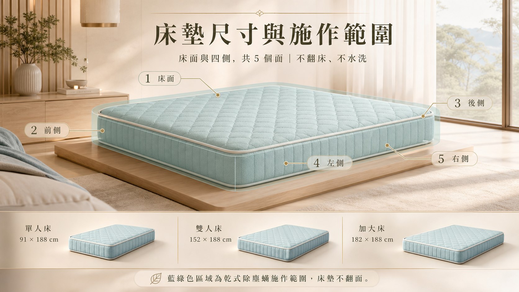 床墊與寢具除塵蟎範圍示意圖