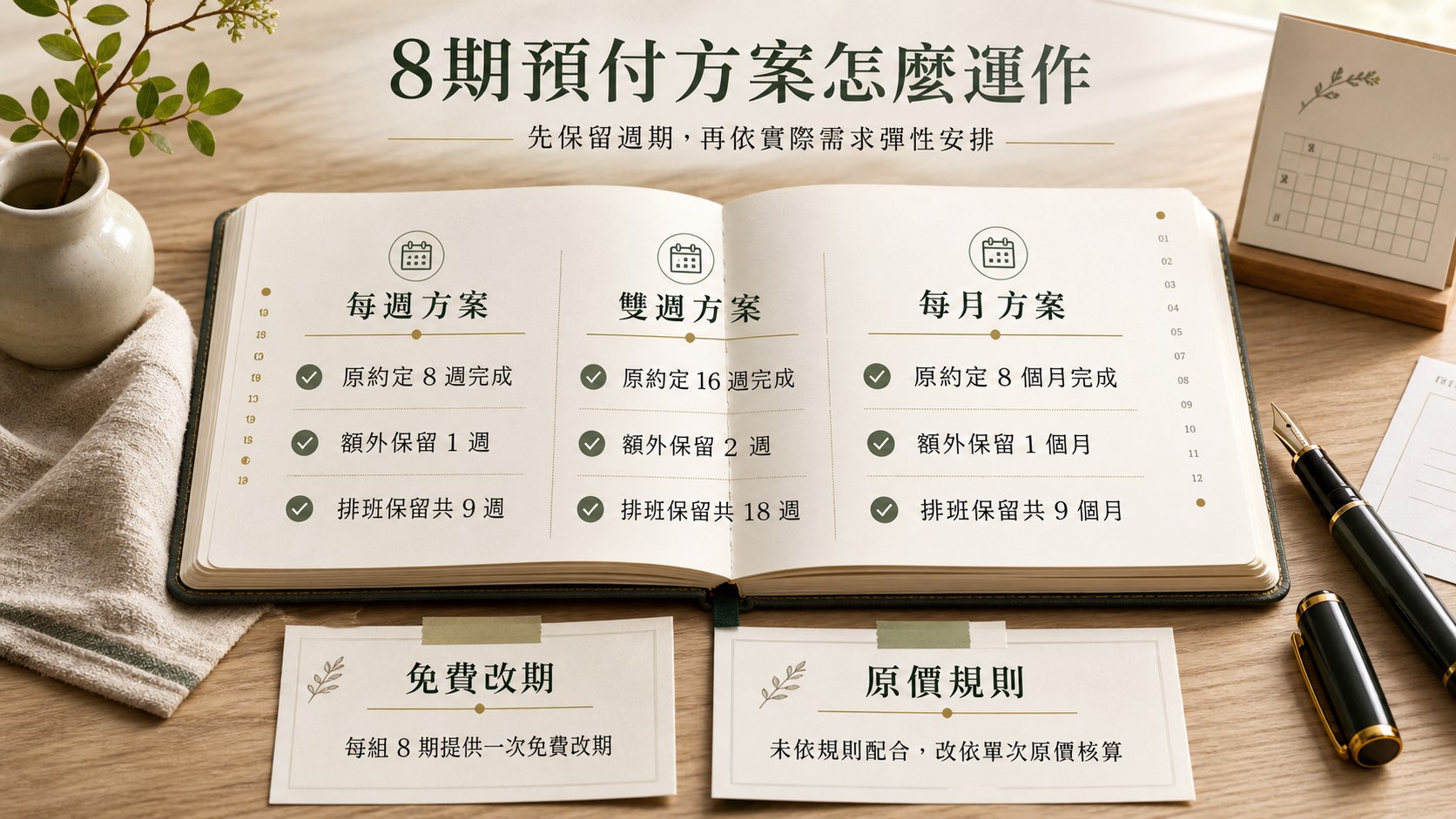 嘉義定期清潔 8 期預付方案說明圖，整理排班週期、改期與原價規則