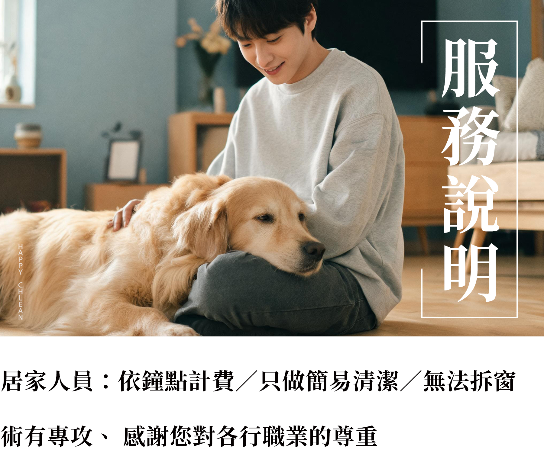 毛孩家庭居家清潔服務說明圖，提醒先告知寵物狀況與重點區域