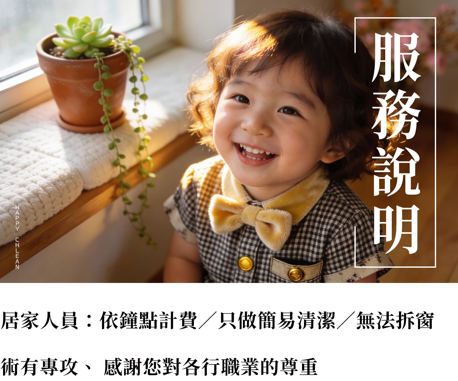 居家清潔服務說明圖，提醒依鐘點計費、簡易清潔與無法拆窗