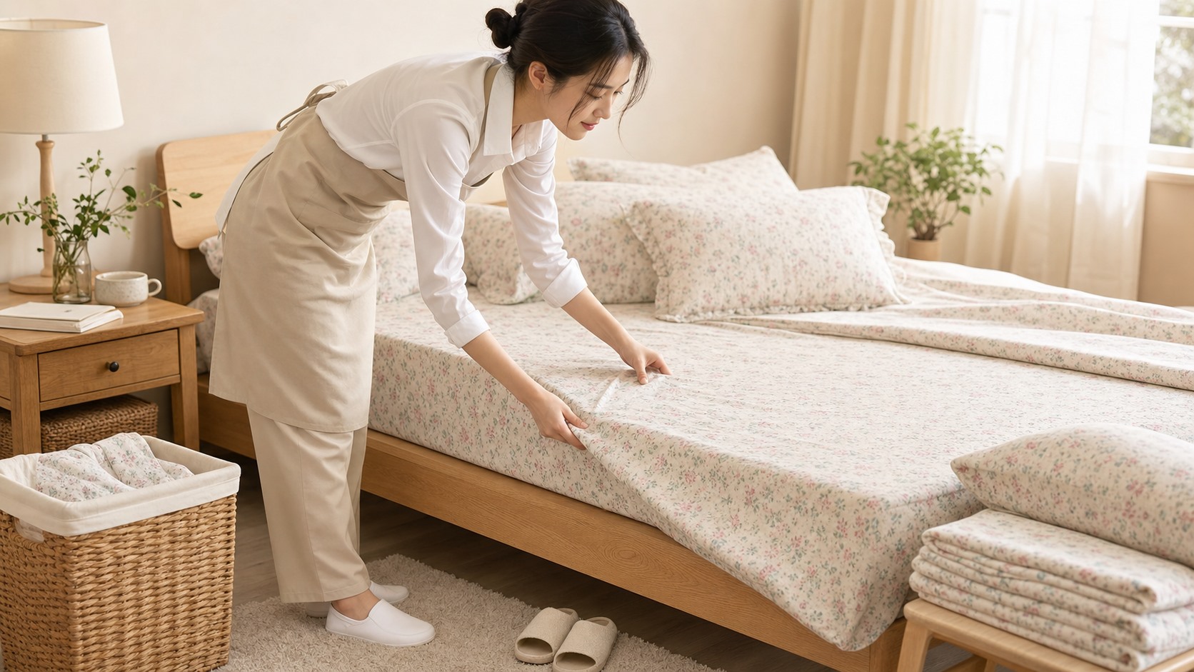 居家清潔人員使用抹布與拖把進行一般日常清潔