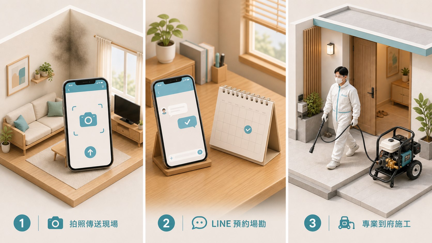 嘉義火災後清潔預約流程圖，點擊可加入官方 LINE 諮詢