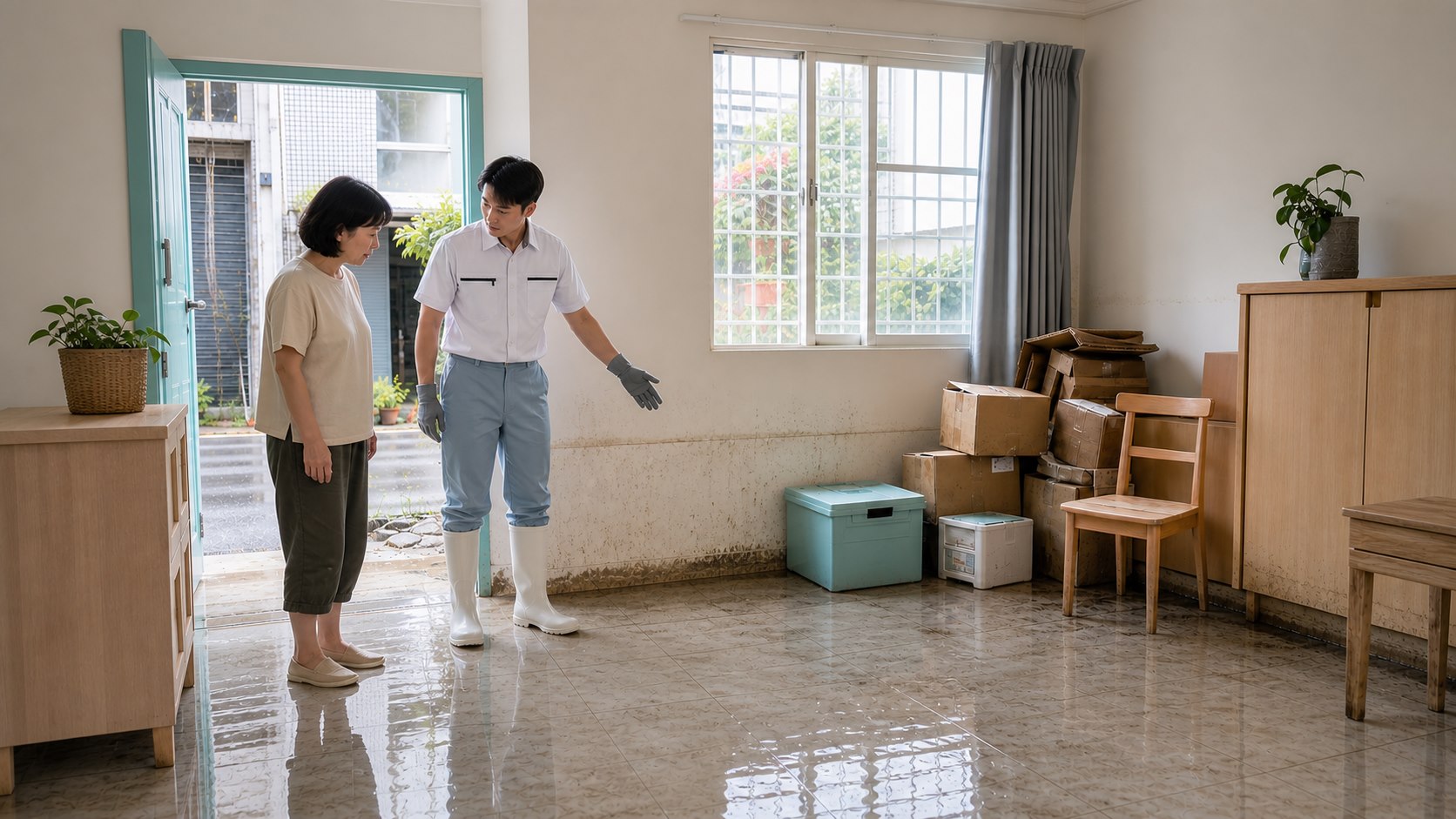 專業師傅評估水災後現場，確認積水高度、泥沙量與可清潔範圍