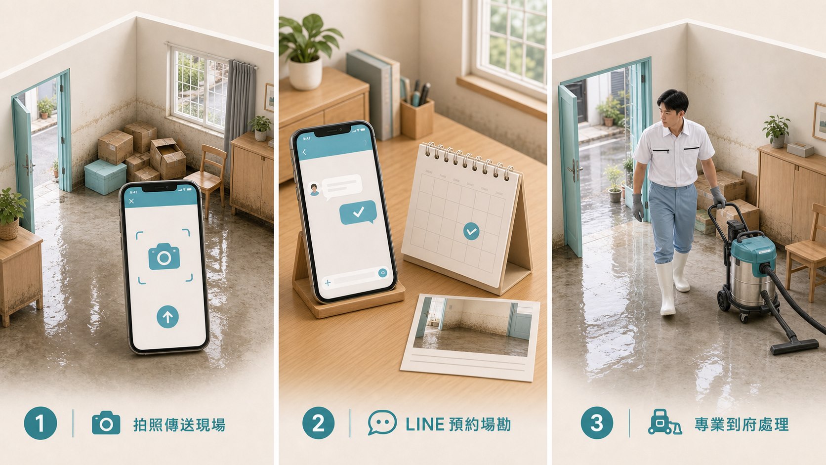 嘉義水災後清潔預約流程圖，點擊可加入官方 LINE 諮詢