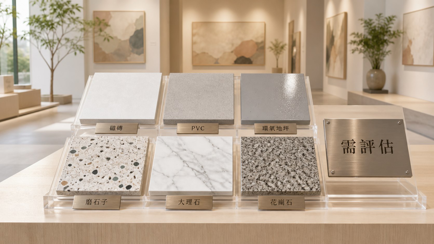 地板清潔打蠟六種常見地材樣品與現場評估示意圖