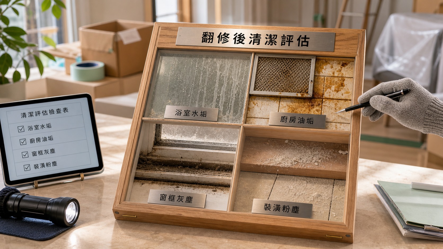 翻修後清潔可評估的局部施工區域、家具表面、窗框、玻璃、地面、衛浴與廚房範圍