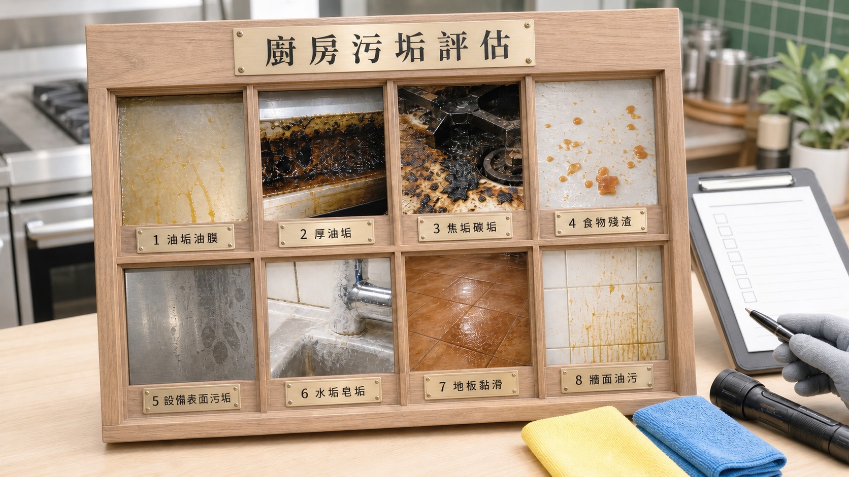 餐廳廚房清潔工具與商用廚房油垢清潔準備示意圖