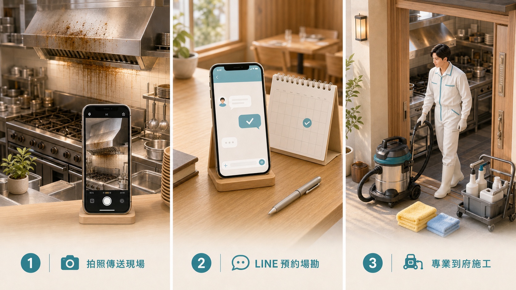 嘉義餐廳廚房清潔預約流程圖，點擊可加入官方 LINE 諮詢