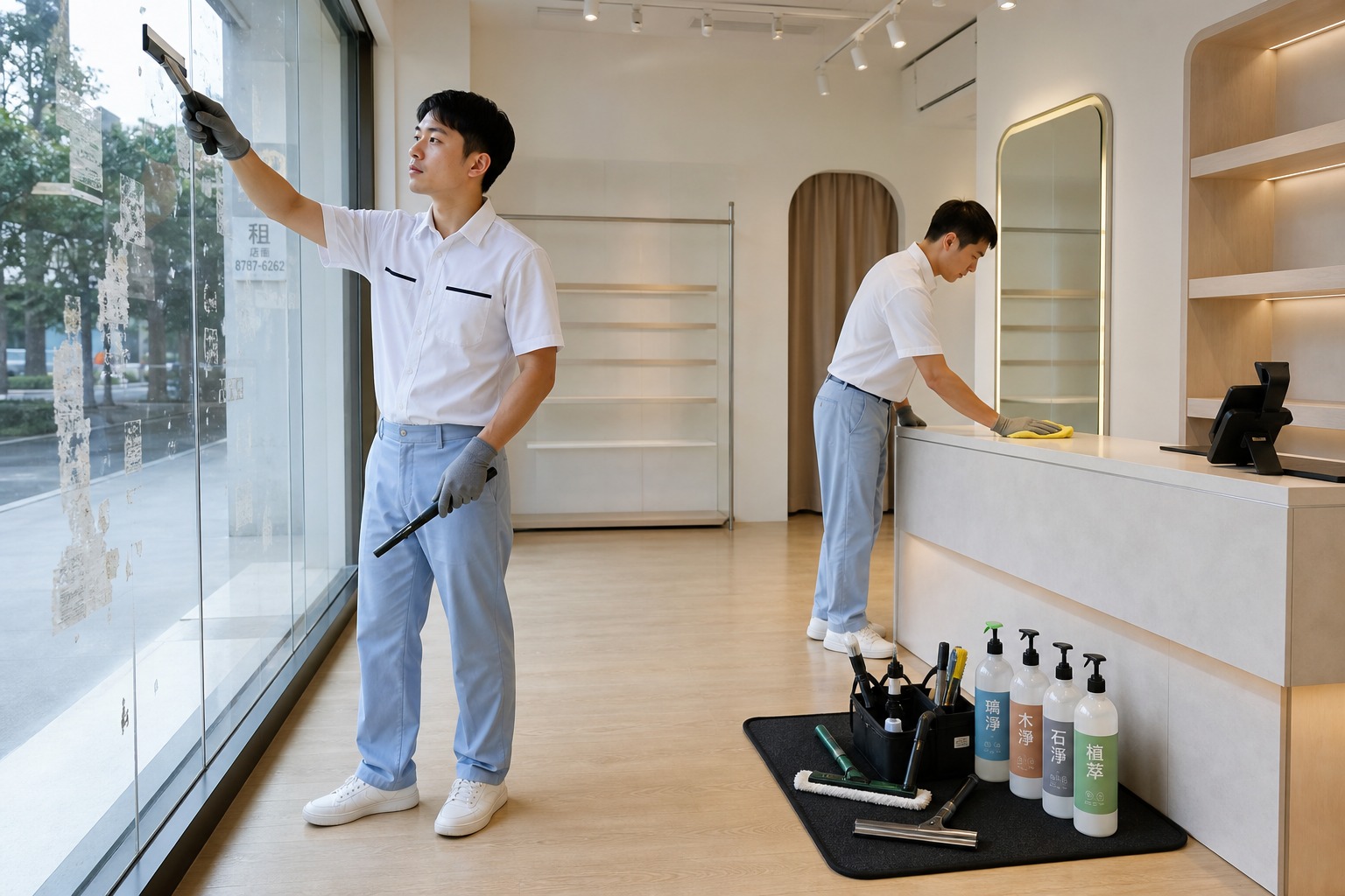 嘉義店面清潔服務說明圖，適合已營業店面與開幕前大掃除