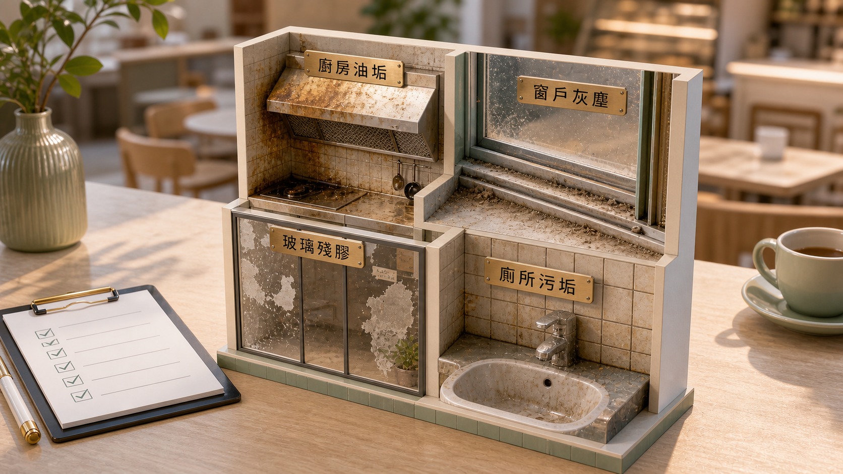 店面清潔與裝潢後清潔分流說明，工程粉塵請看裝潢後清潔