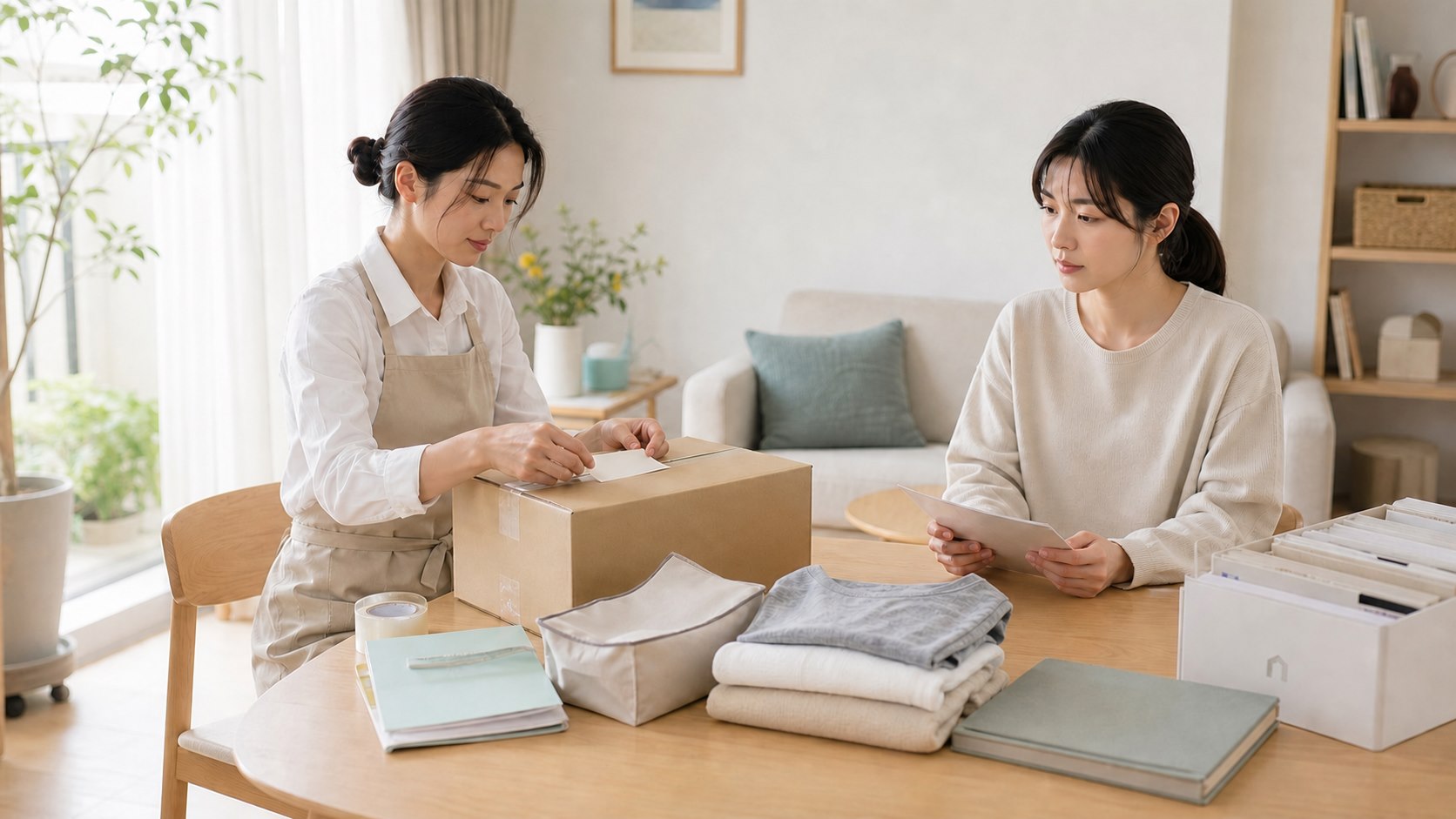 分手離婚搬離打包服務示意圖，整理師協助在共同生活空間分類個人物品與待搬紙箱