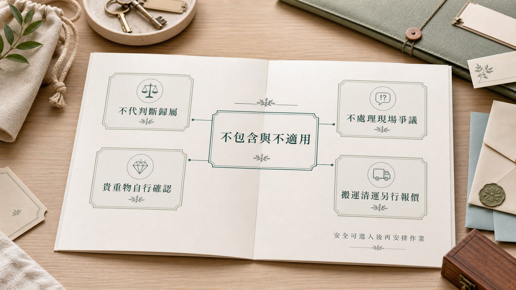 分手離婚搬離打包不包含與不適用紙本說明，提醒不代判斷歸屬、現場爭議、貴重物確認與另行報價