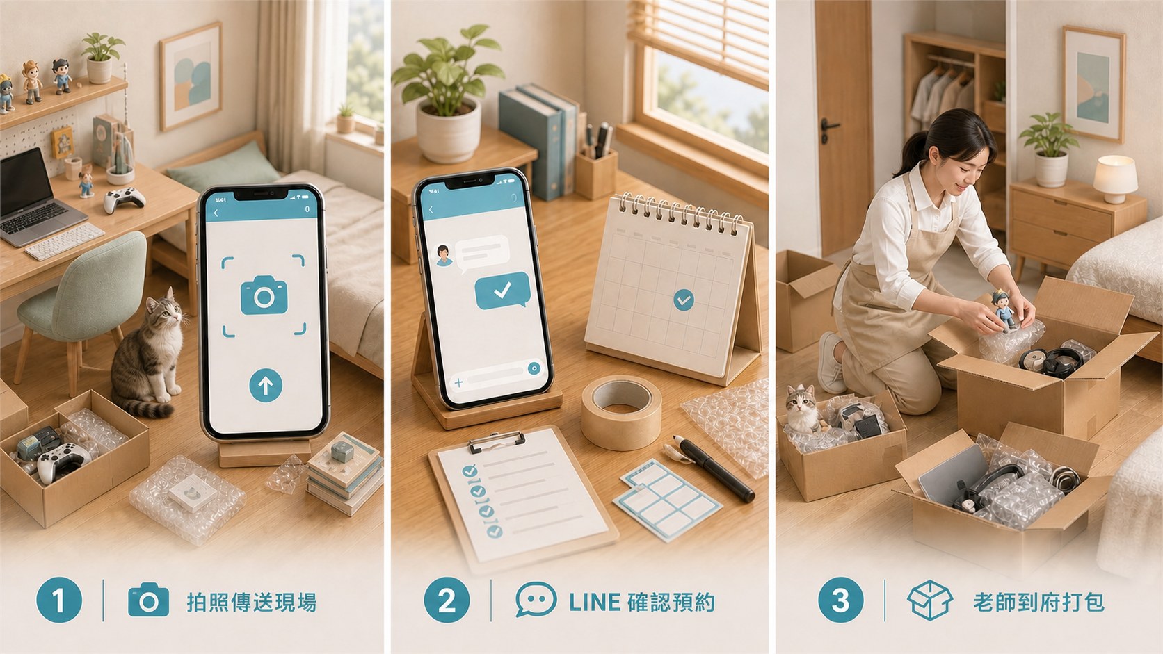 嘉義搬家前打包預約流程圖，點擊可加入官方 LINE 諮詢