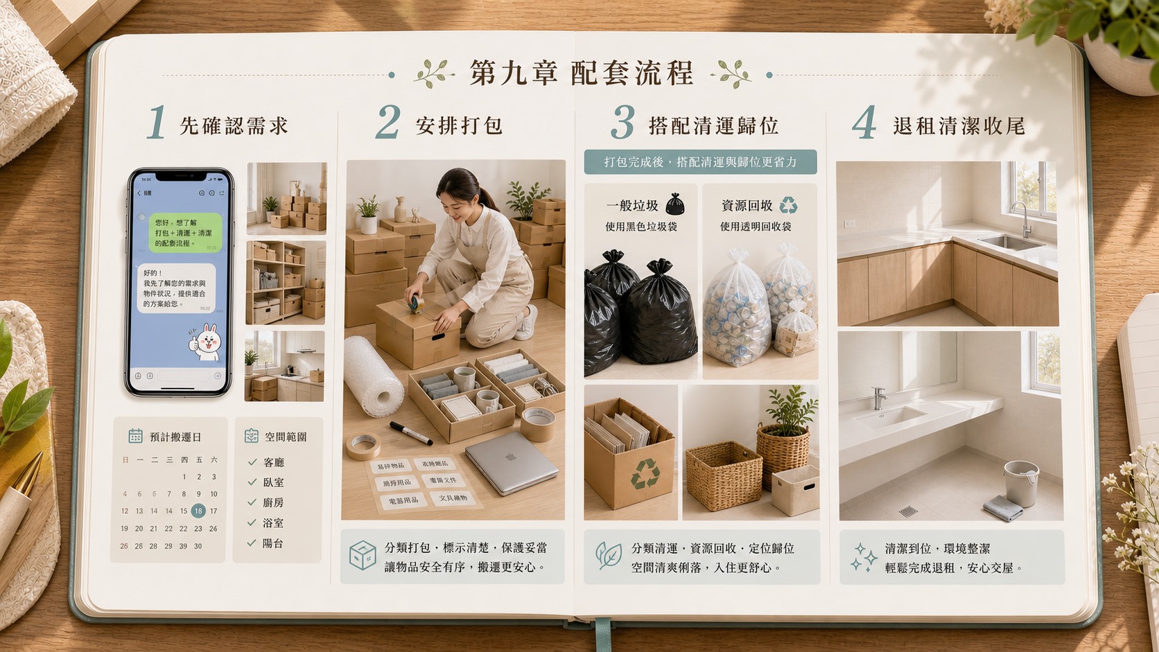 搬家前打包可搭配搬家後歸位清運與清潔的流程提醒