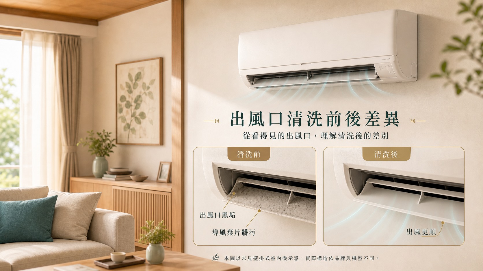 分離式冷氣清洗前後出風口與內部髒污示意