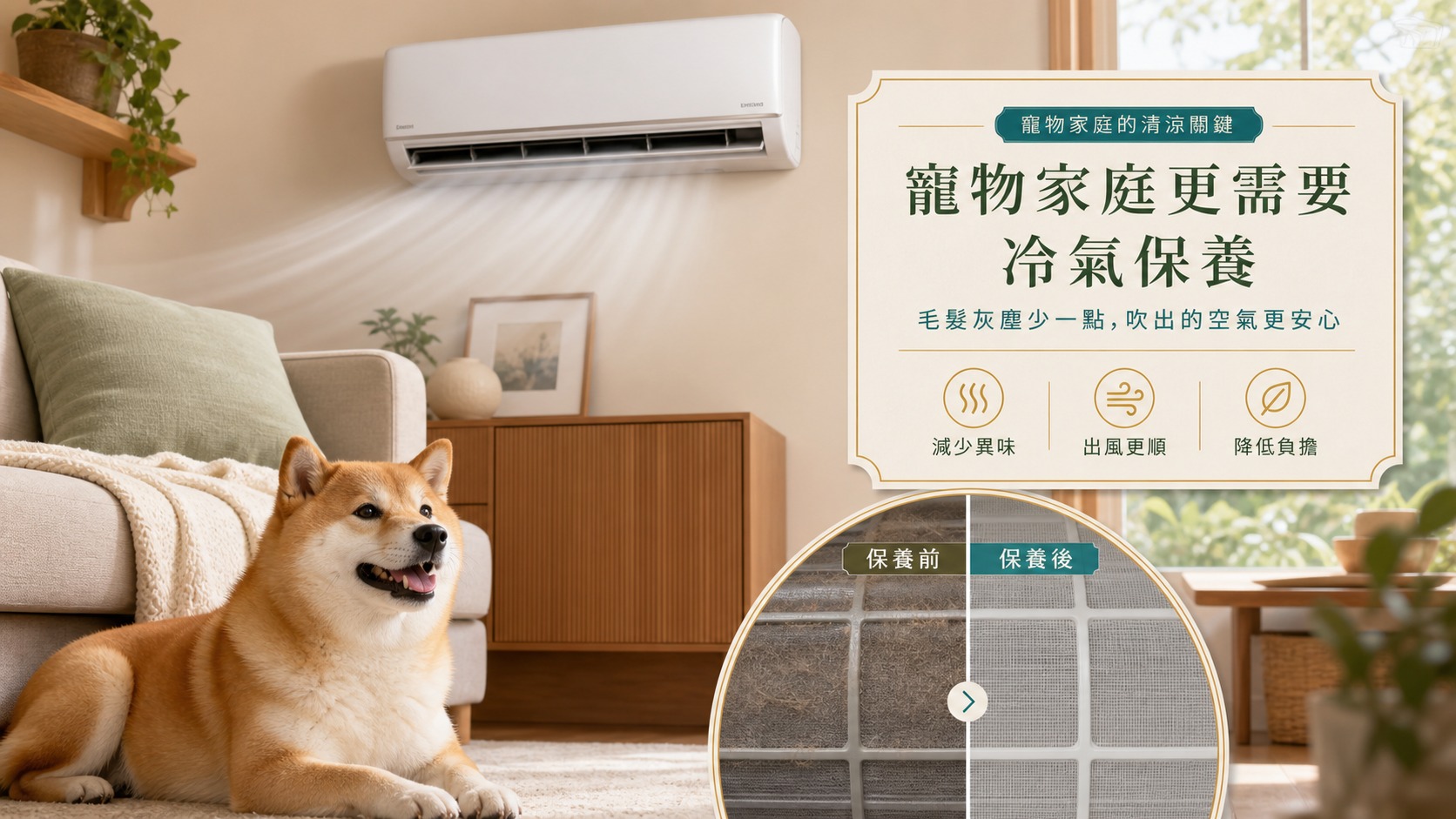 有養寵物的家庭冷氣濾網與進風區更容易累積毛屑皮屑