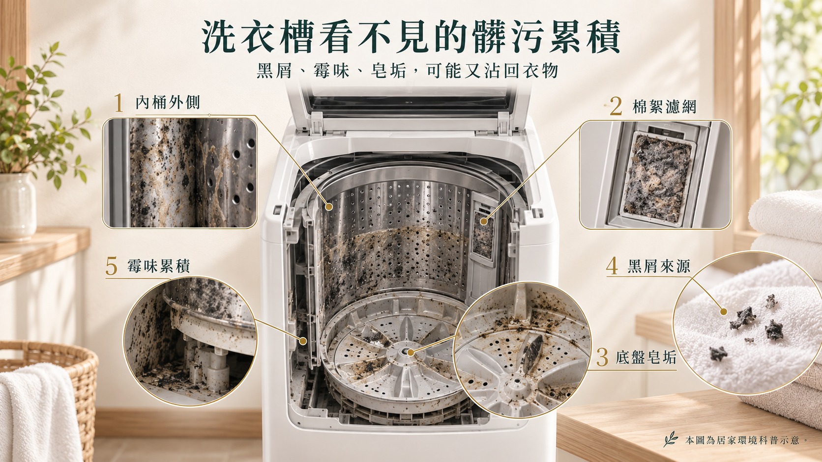 直立式洗衣機清潔可改善黑屑霉味與洗衣槽髒污