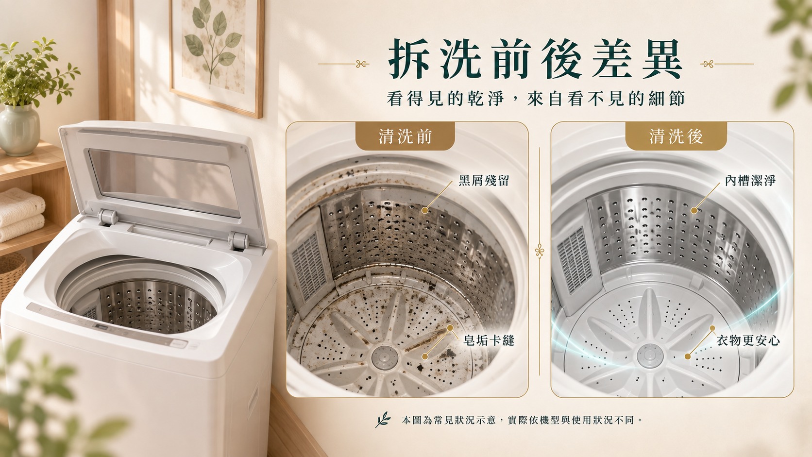 直立式洗衣機拆洗前後與洗衣槽髒污示意