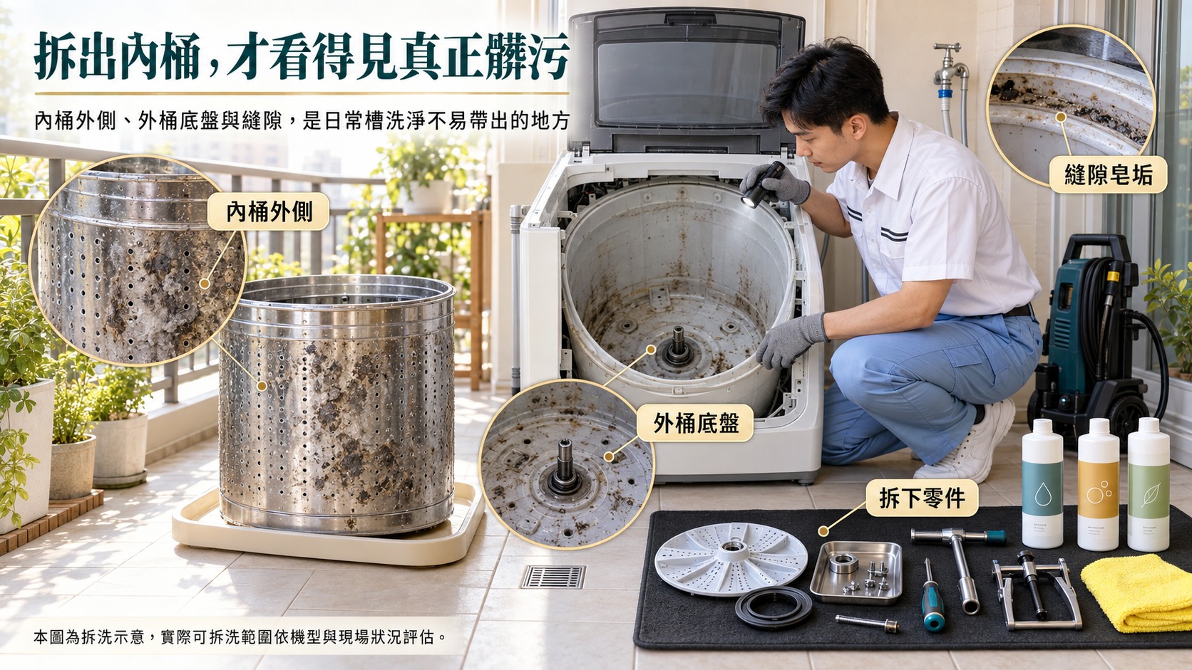 直立式洗衣機拆出內桶後檢查外桶底盤與縫隙髒污