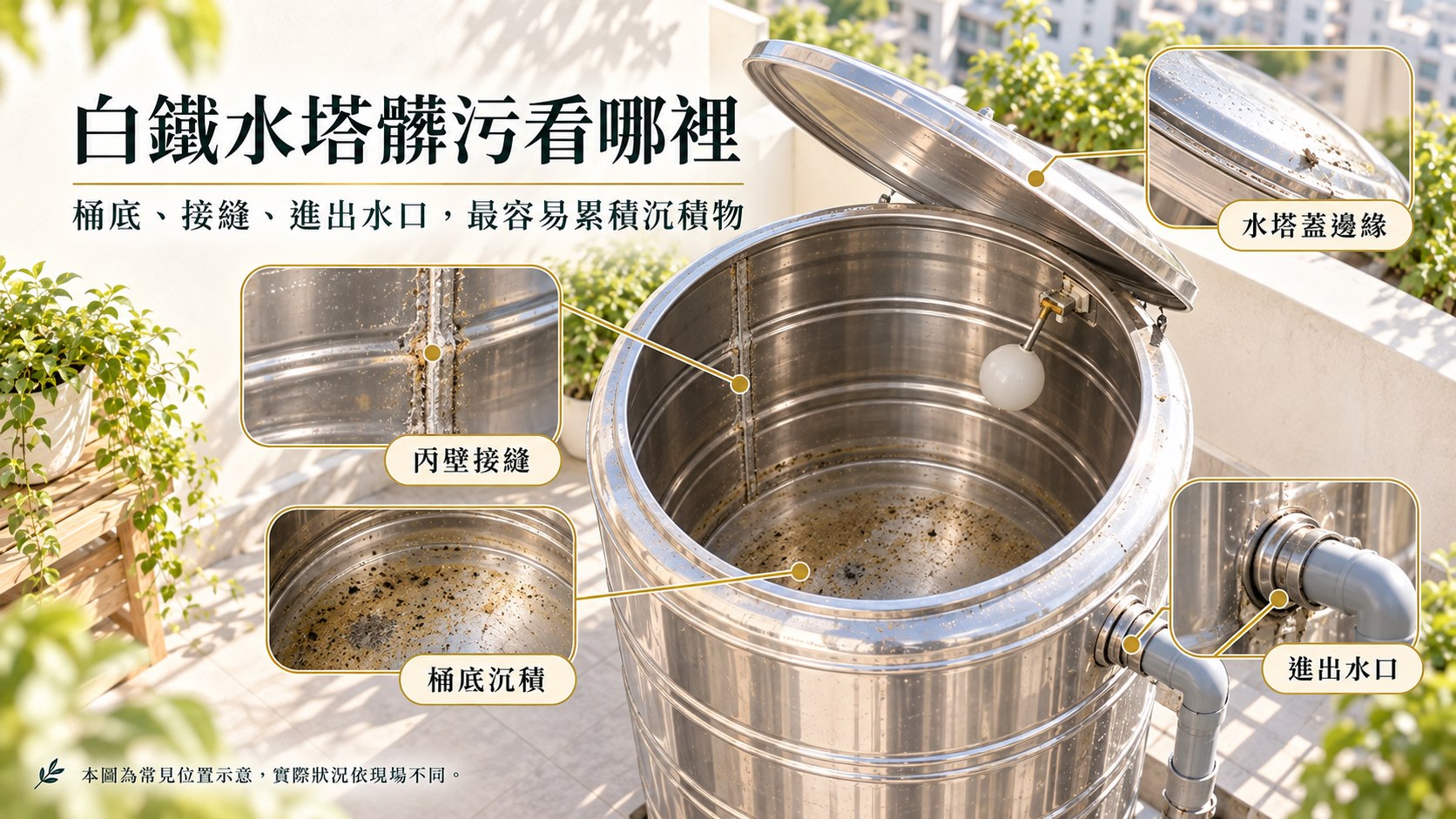 白鐵水塔內部常見桶底沉積物水垢與水位線髒污