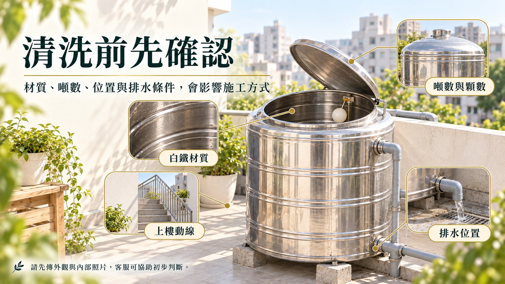 白鐵水塔清洗前後桶底與內壁整理對比