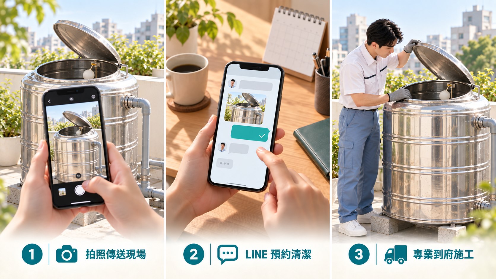 白鐵水塔清洗預約評估與到府流程圖