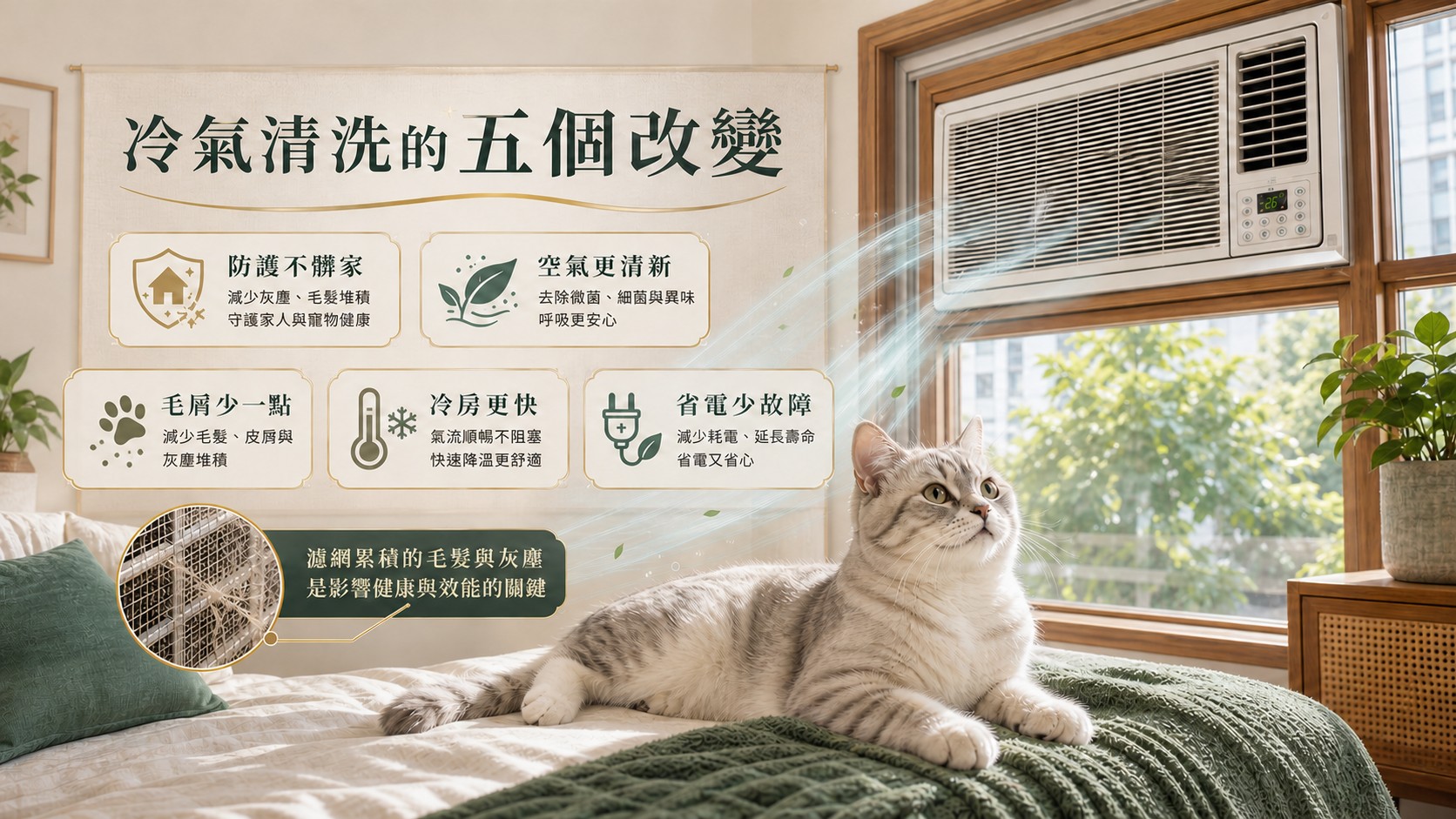 有貓家庭窗型冷氣清洗可減少毛屑灰塵並提升冷房效率科普圖