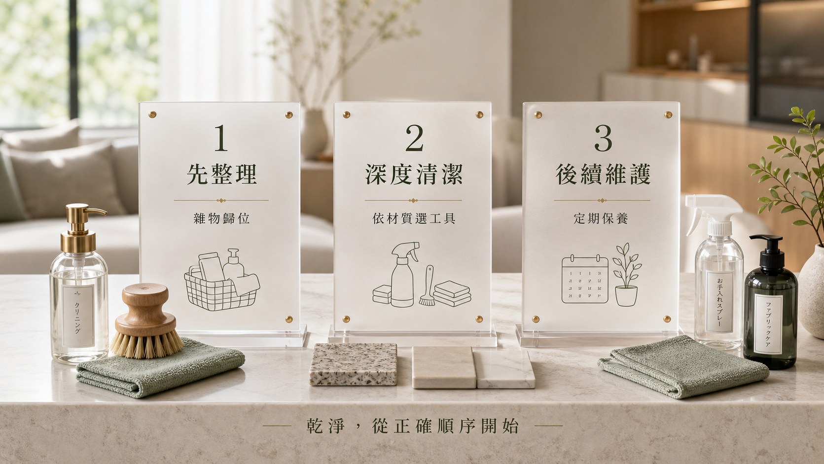 深度清潔順序說明圖，提醒先收納整理、再做深度清潔、最後定期保養