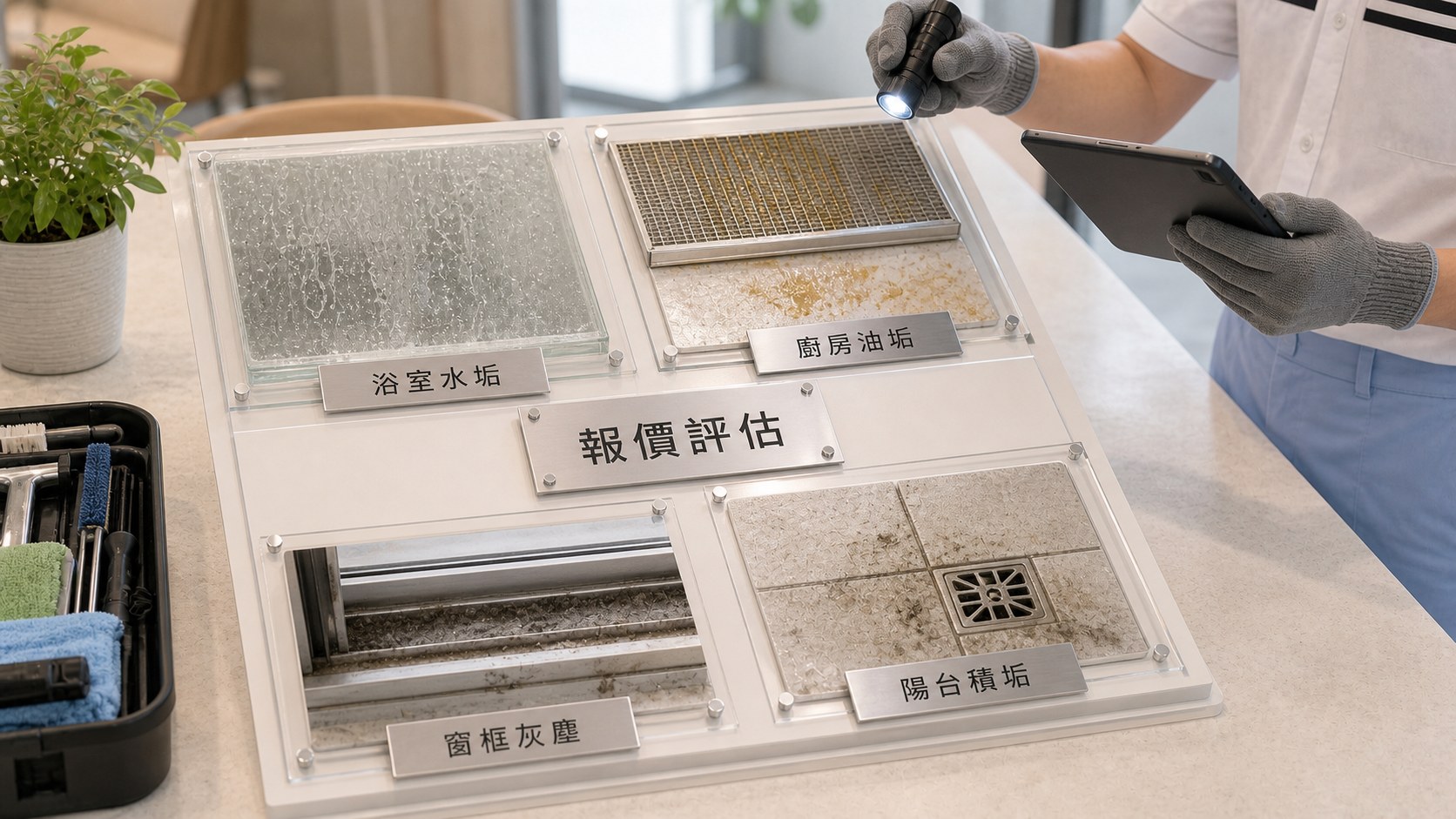 深度清潔另行評估項目，說明高空作業、外側不可及、採光罩、水晶燈與高風險項目需先確認