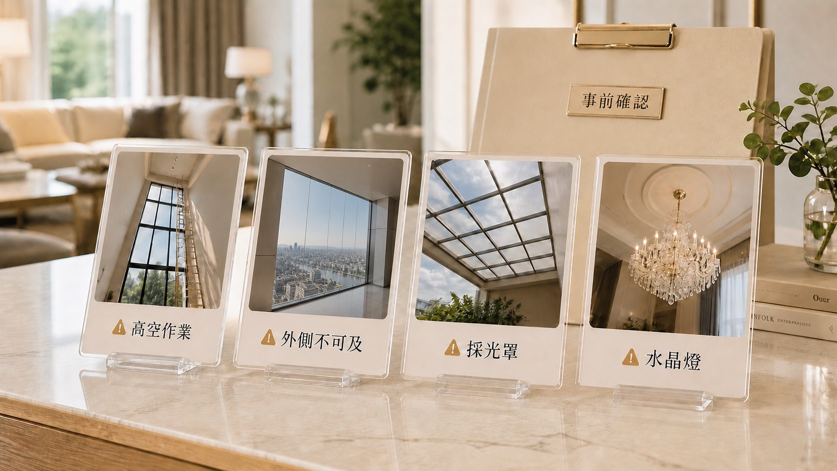 深度清潔報價評估示意圖，師傅依浴室水垢、廚房油垢、窗框灰塵與陽台積垢評估清潔範圍