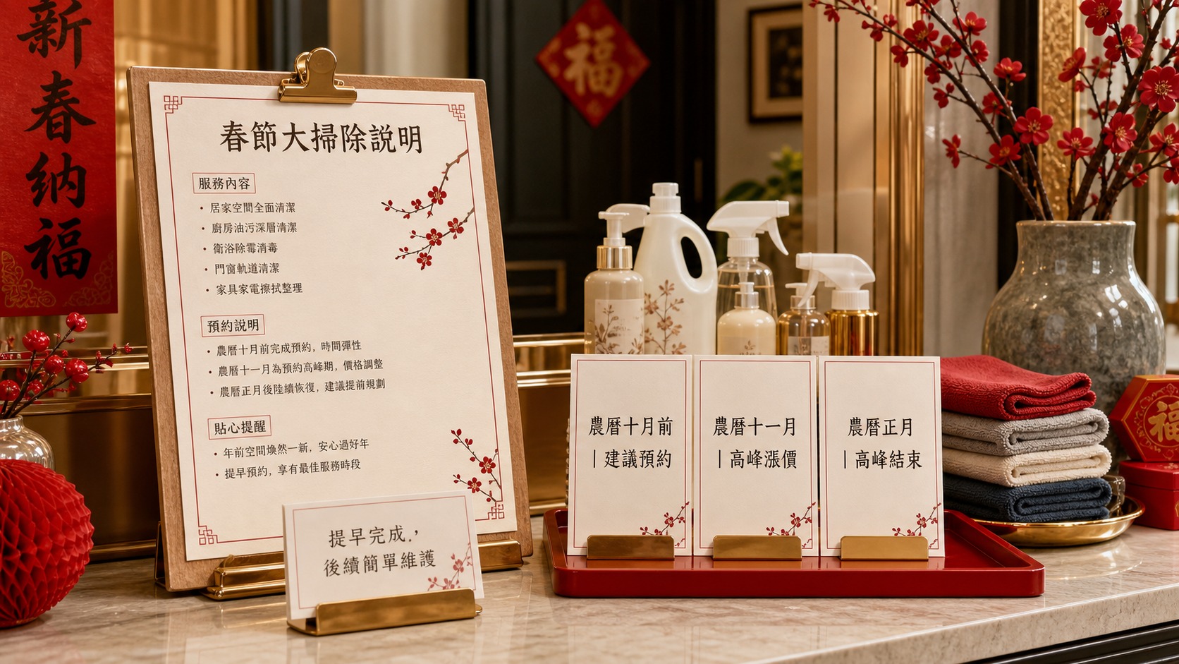 春節大掃除預約提醒圖，說明農曆十月前建議預約、農曆十一月到正月為清潔高峰與調價時期