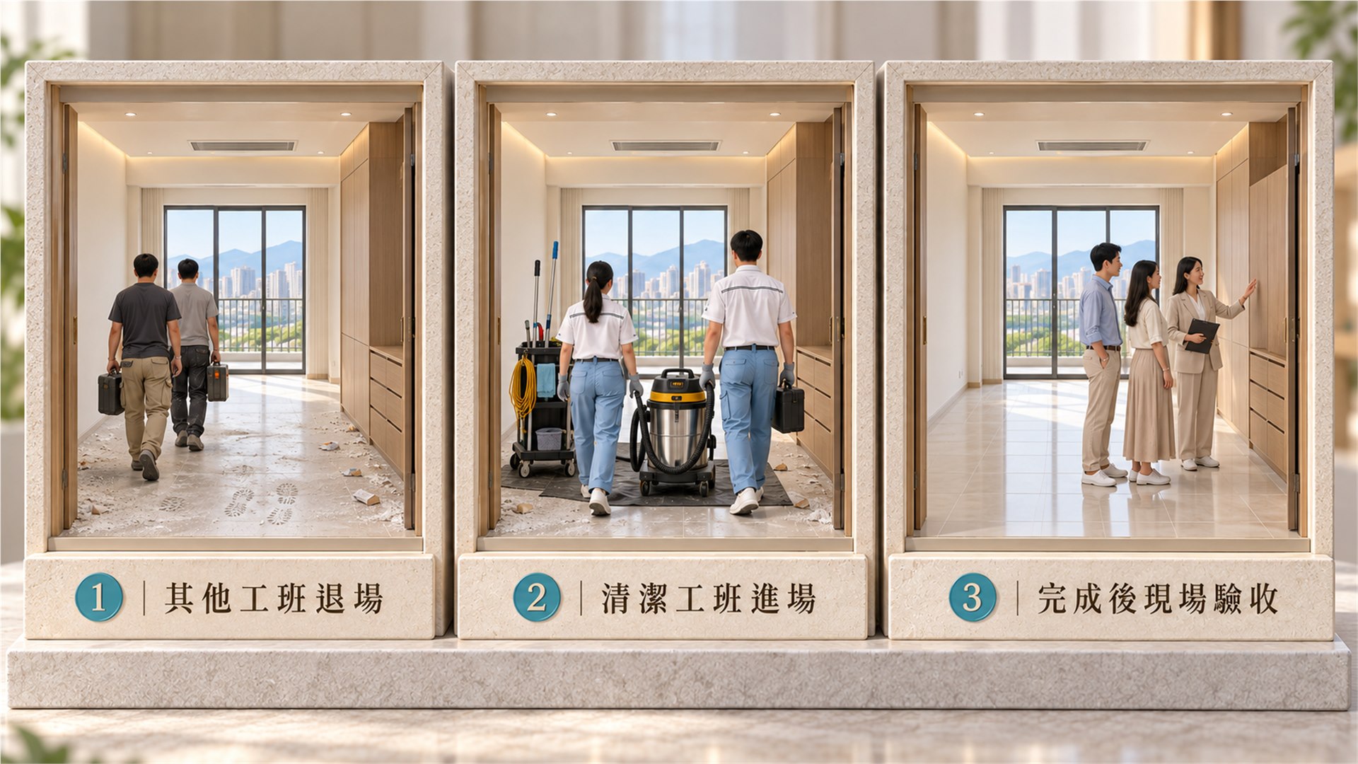 裝潢工班退場後，幸福家清潔團隊進場並由下單人驗收
