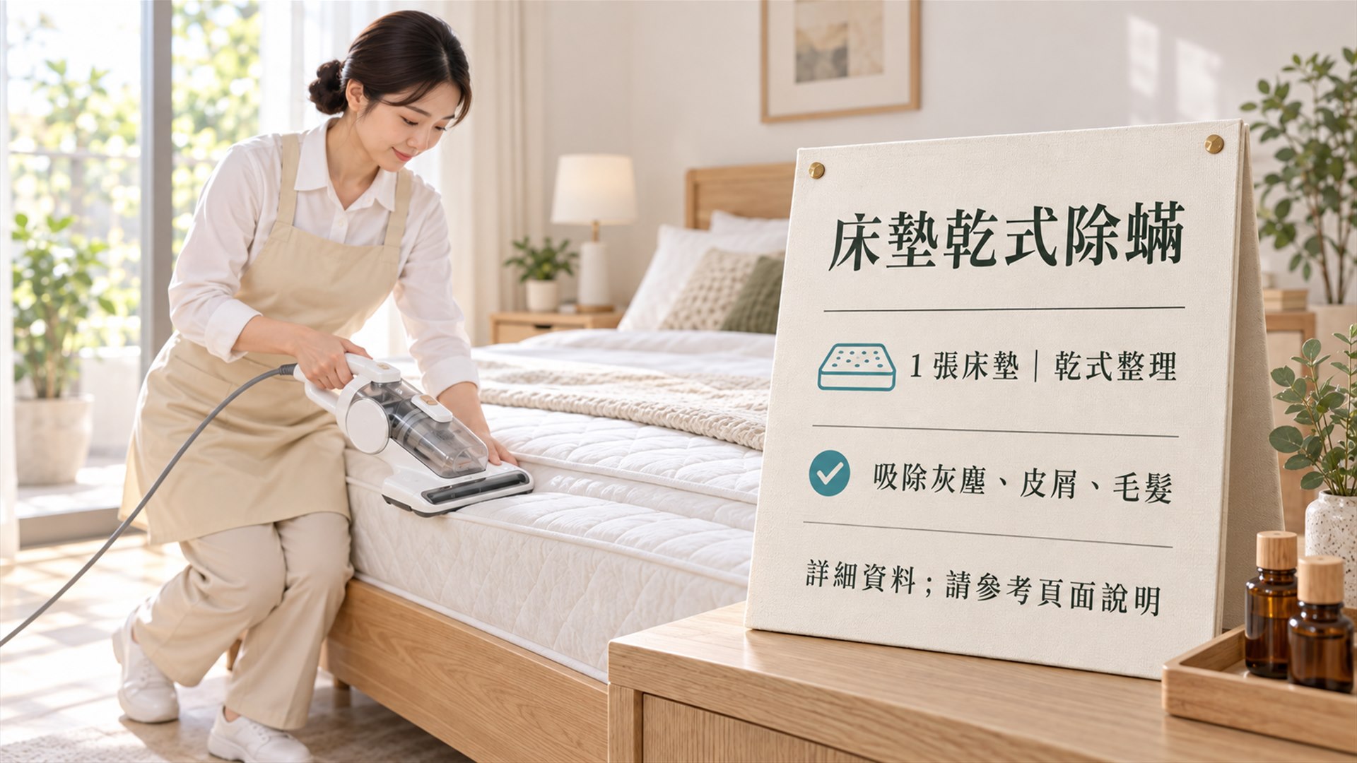 居家人員以手持設備進行床墊乾式除蟎服務