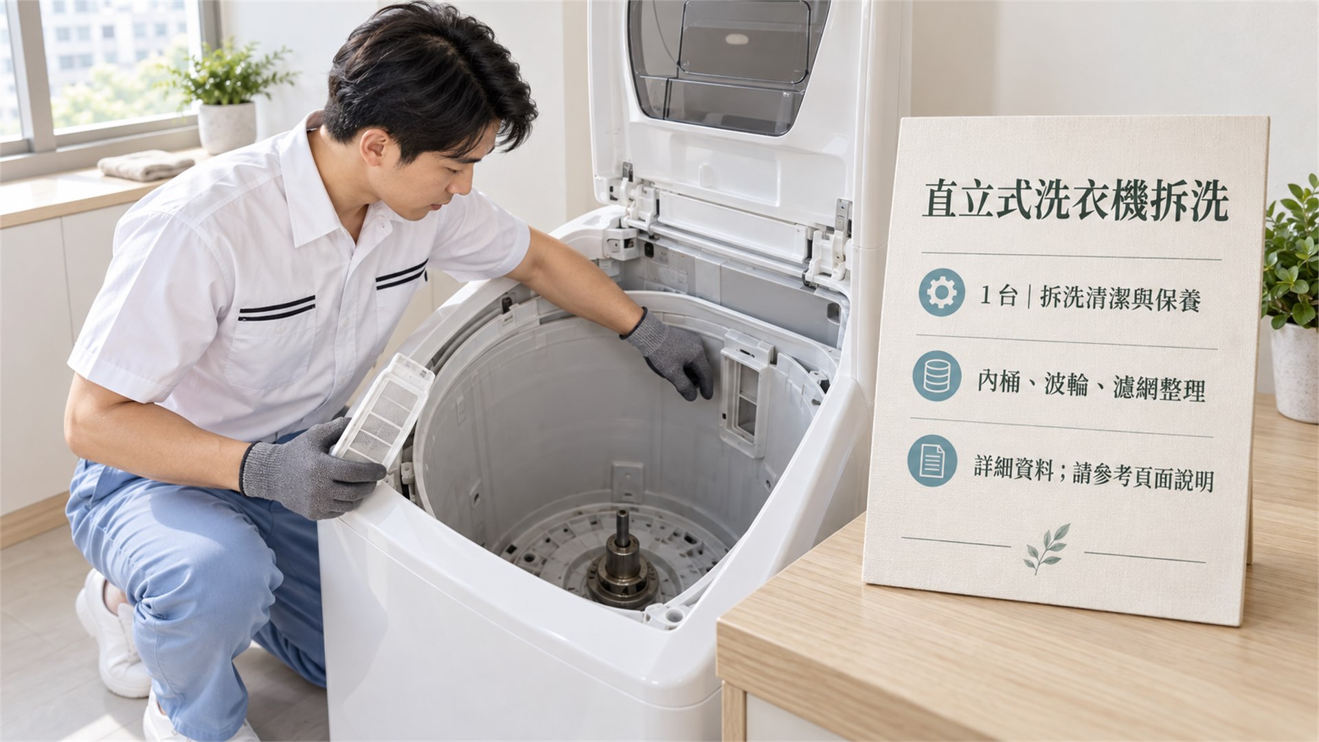 清潔技師拆洗直立式洗衣機的內桶、波輪與濾網
