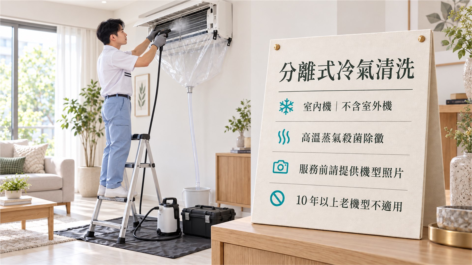技師使用梯子、集水罩與導水管清洗分離式冷氣室內機