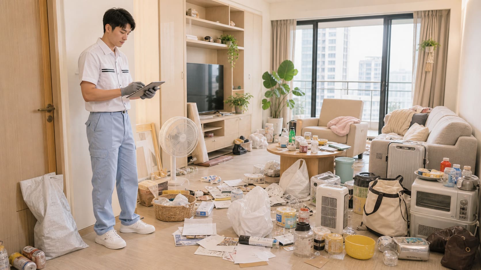 家庭大量垃圾清運流程說明主視覺，服務人員評估室內大型家具與大量雜物