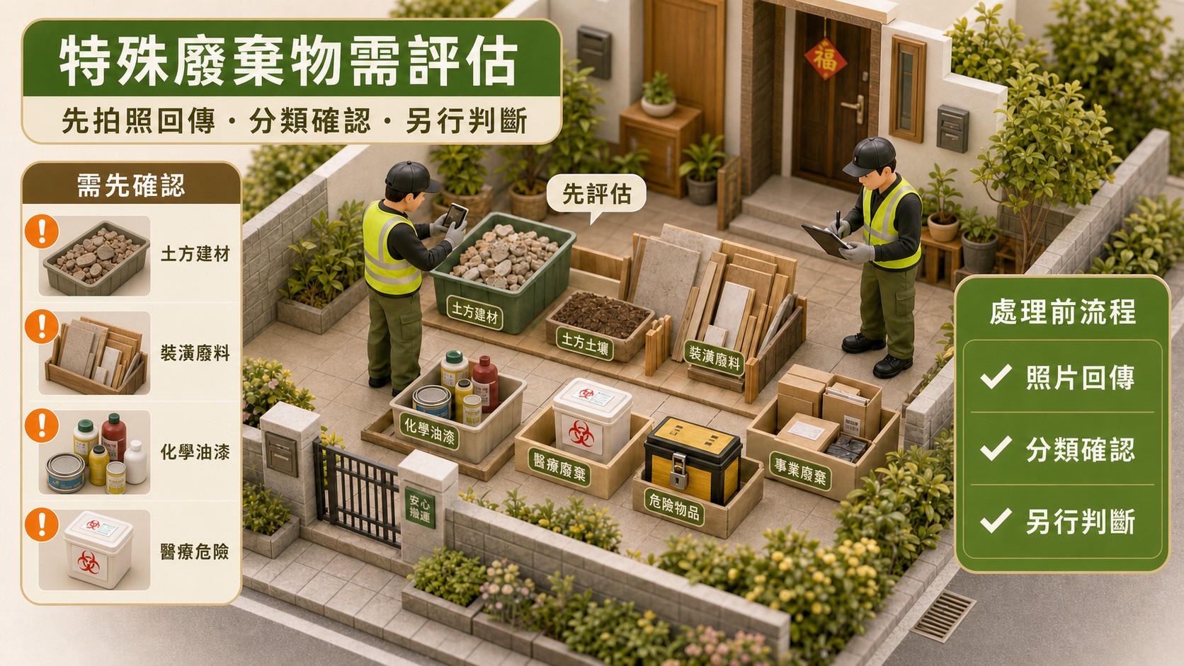 家庭垃圾清運後現場狀況評估示意圖，服務人員確認殘留垃圾、搬運動線與後續整理需求