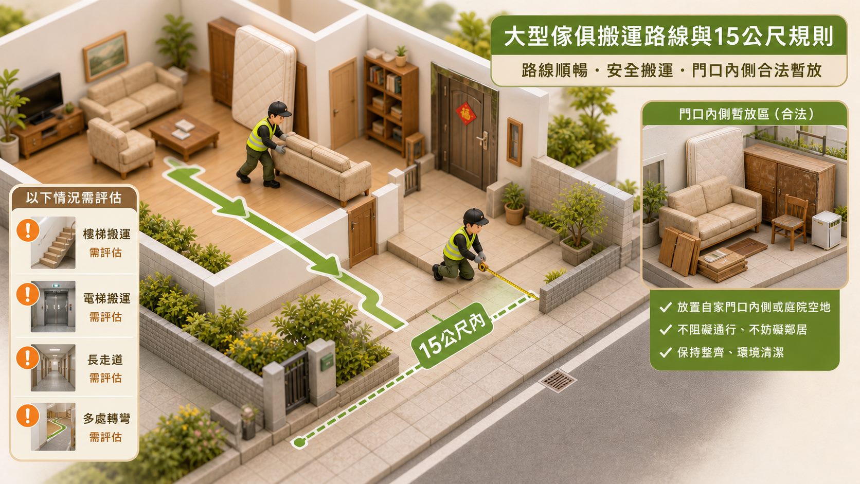家庭垃圾清運大型傢俱搬運路線圖，說明十五公尺內搬到門口與複雜動線需另行評估