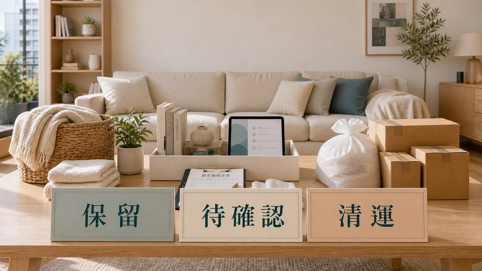 收納整理前現場評估示意圖，服務人員確認物品數量、保留區與清運區