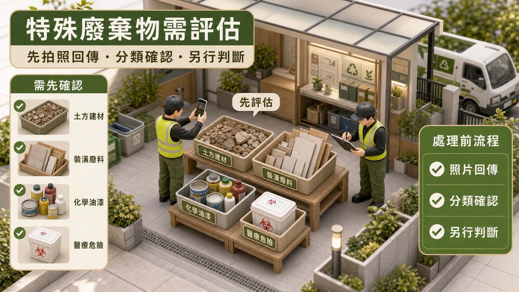收納整理、垃圾清運與深度清潔的服務邊界示意，說明不同服務需分開評估