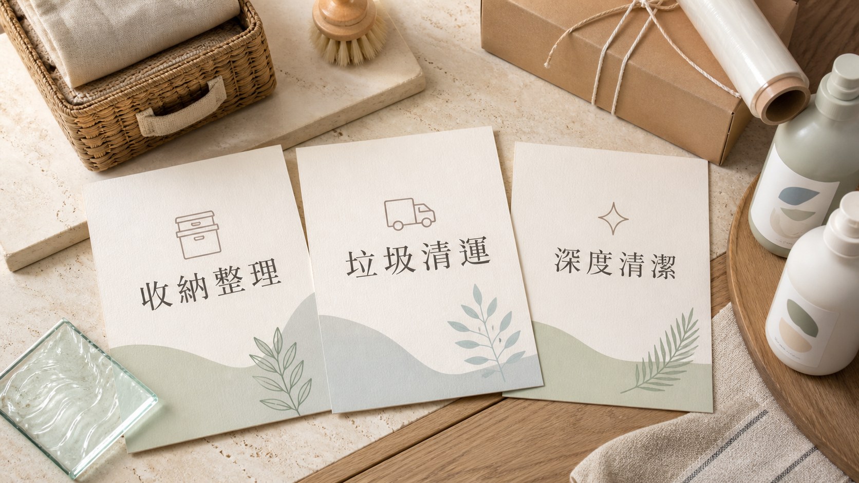 收納整理、垃圾清運與深度清潔的服務邊界圖，說明不同服務項目需分開評估
