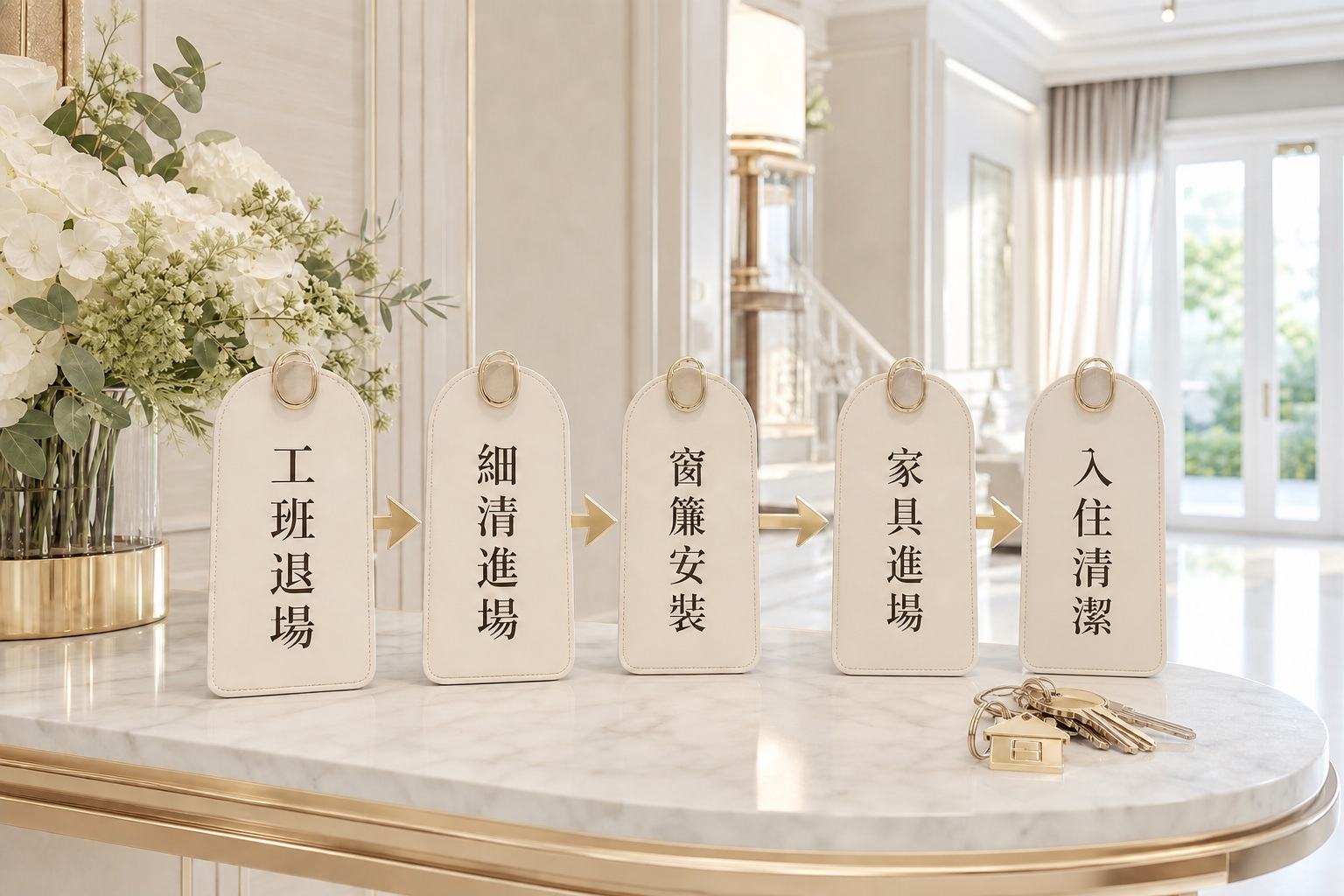 裝潢清潔粗清細清補清三階段流程示意