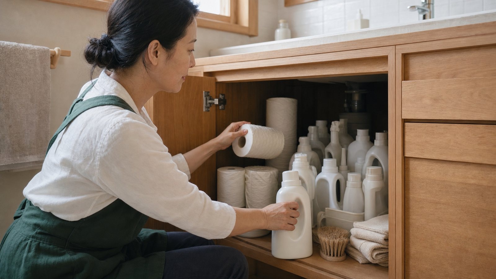 浴室木質櫃內備品收納過滿,紙類與清潔劑貼近背板