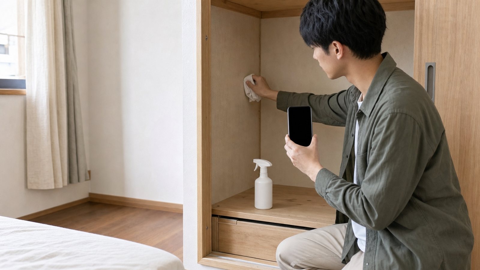 在衣櫃內側角落進行除甲醛產品小範圍測試並拍照紀錄