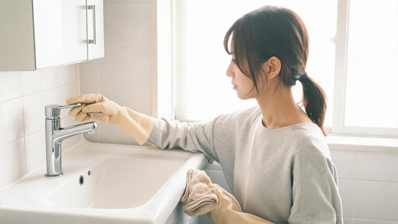 水龍頭檯面水槽和周邊清潔後的乾爽畫面