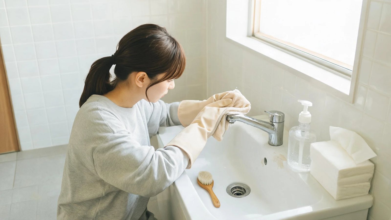 水槽下方櫥櫃或檯面接縫潮濕痕跡特寫